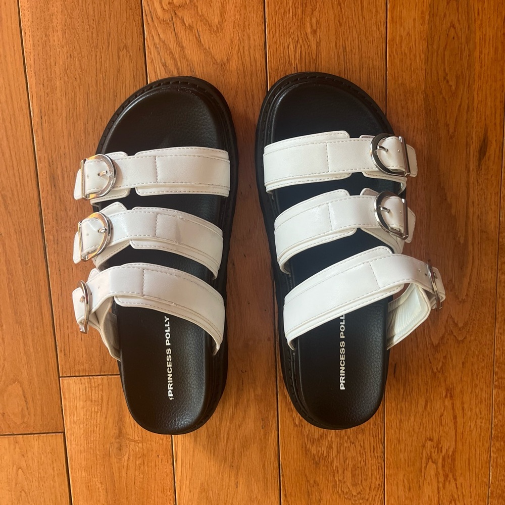 Princess Polly Black and White Buckle Sandals - Size 7